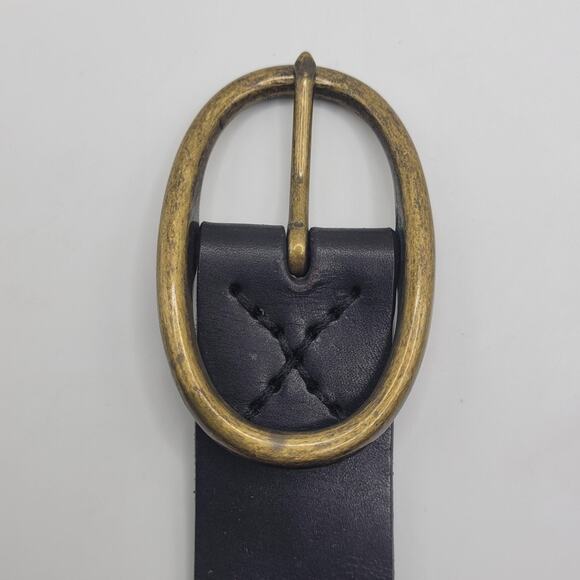Black Leather Belt XL Oval Buckle Zig Zag Stitch Rustic Utility Utilitarian Boho main image 6